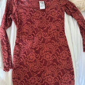 Ambiance Women's Long Sleeve Lace Dress - Rust Red